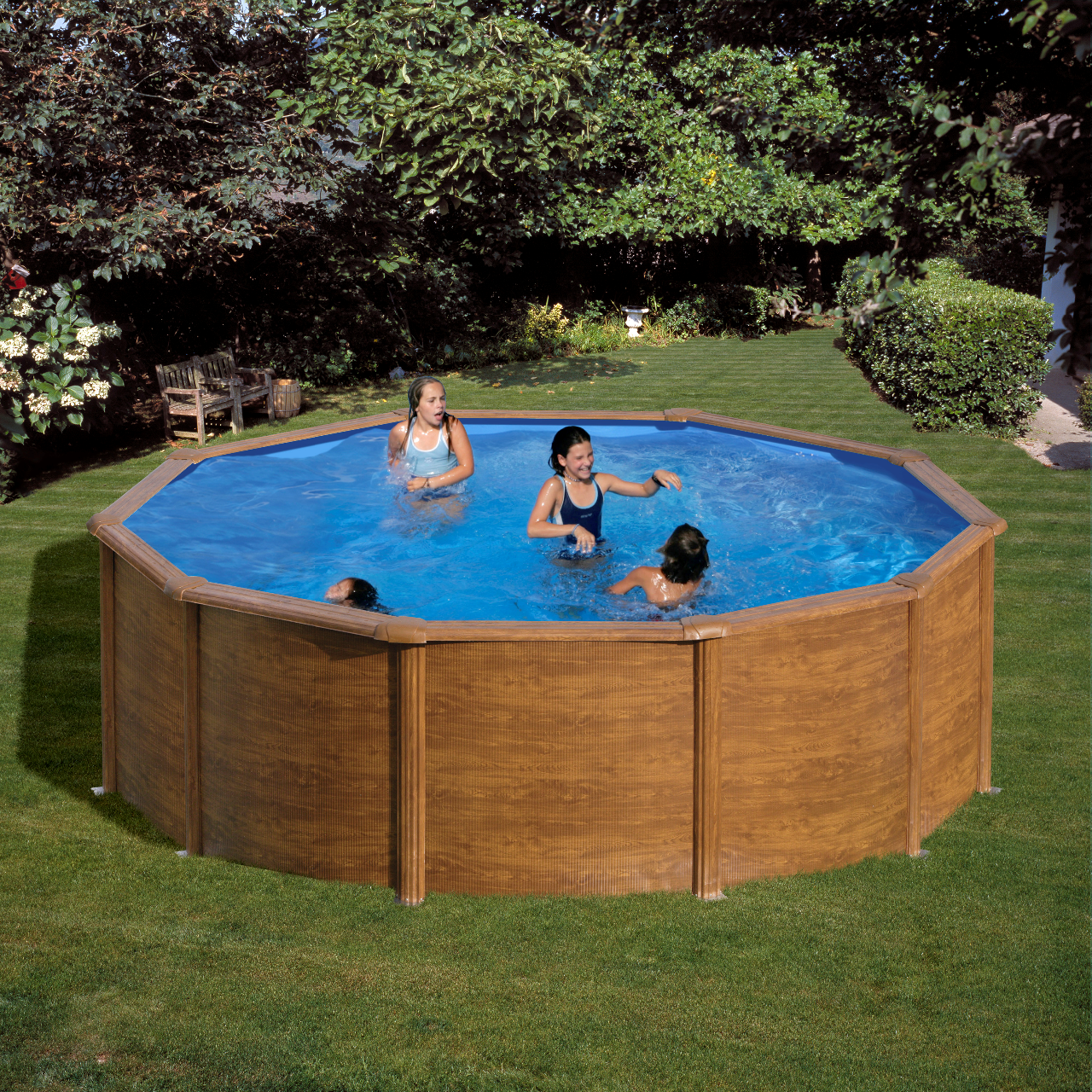 Piscina Redonda Gre em Aço 350 x 120 Imitação de Madeira + Escada + Filtro Cartucho