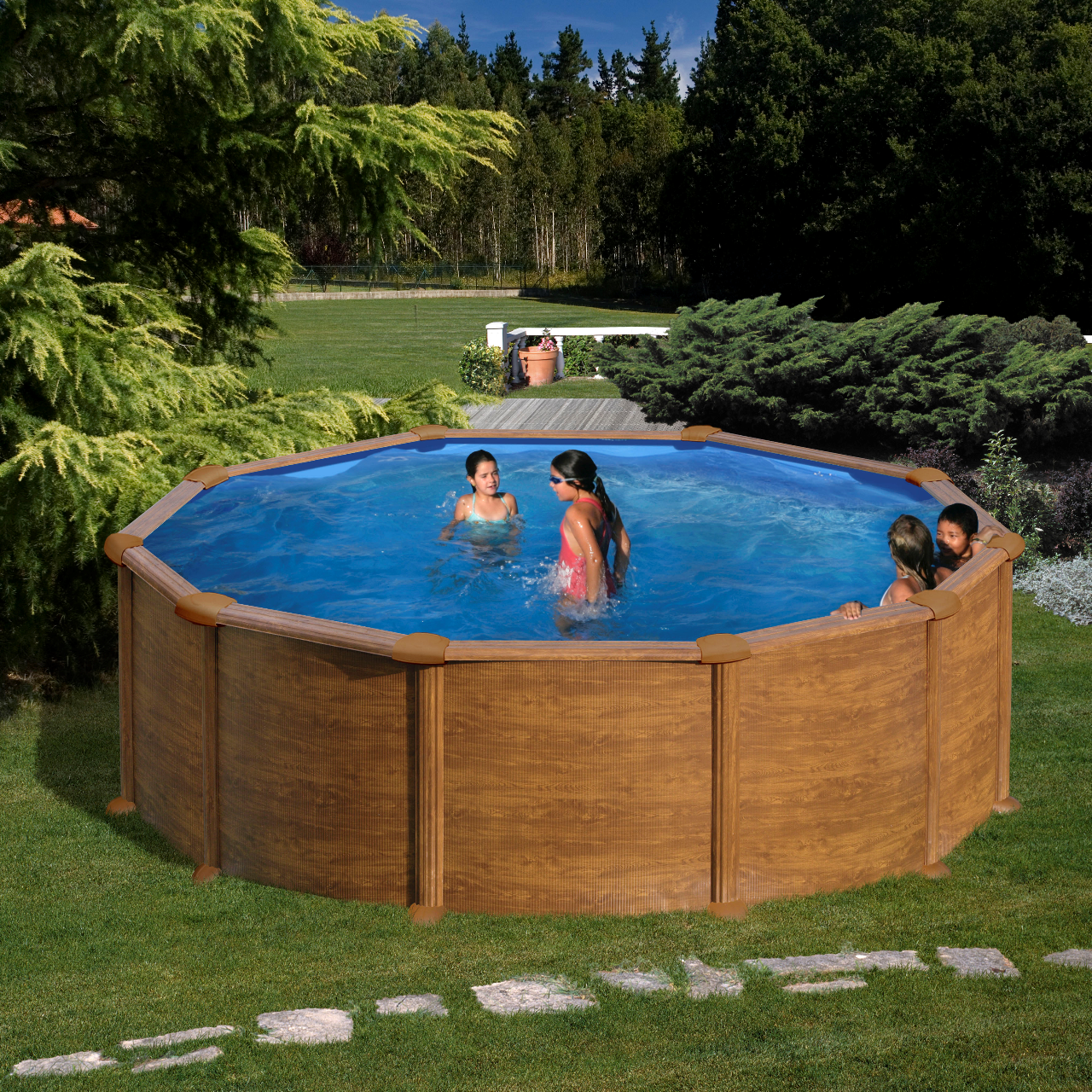 Piscina Gre Redonda Imitação de Madeira 350 x 132 + Escada + Filtro De Areia + Tapete