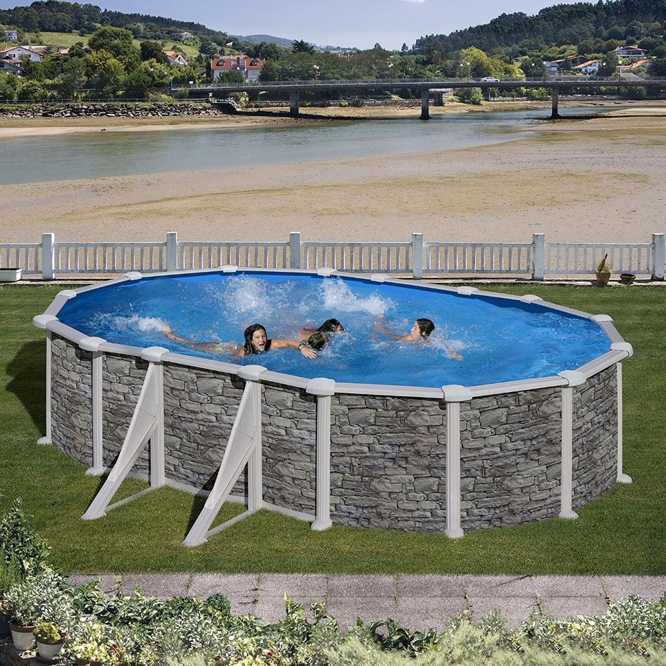 Piscina Gre Oval Imitação Pedra - 610x375x120 + Filtro Areia + Escada