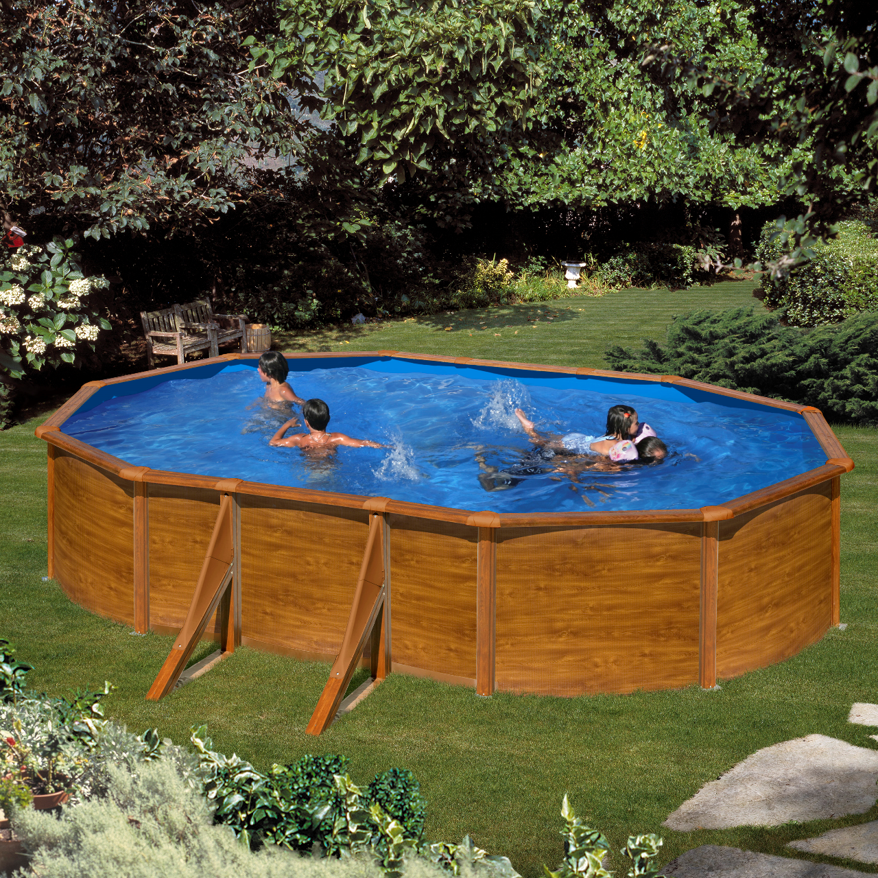 Piscina Oval Gre em Aço 500x300x120 Imitação de Madeira + Escada + Filtro Cartucho