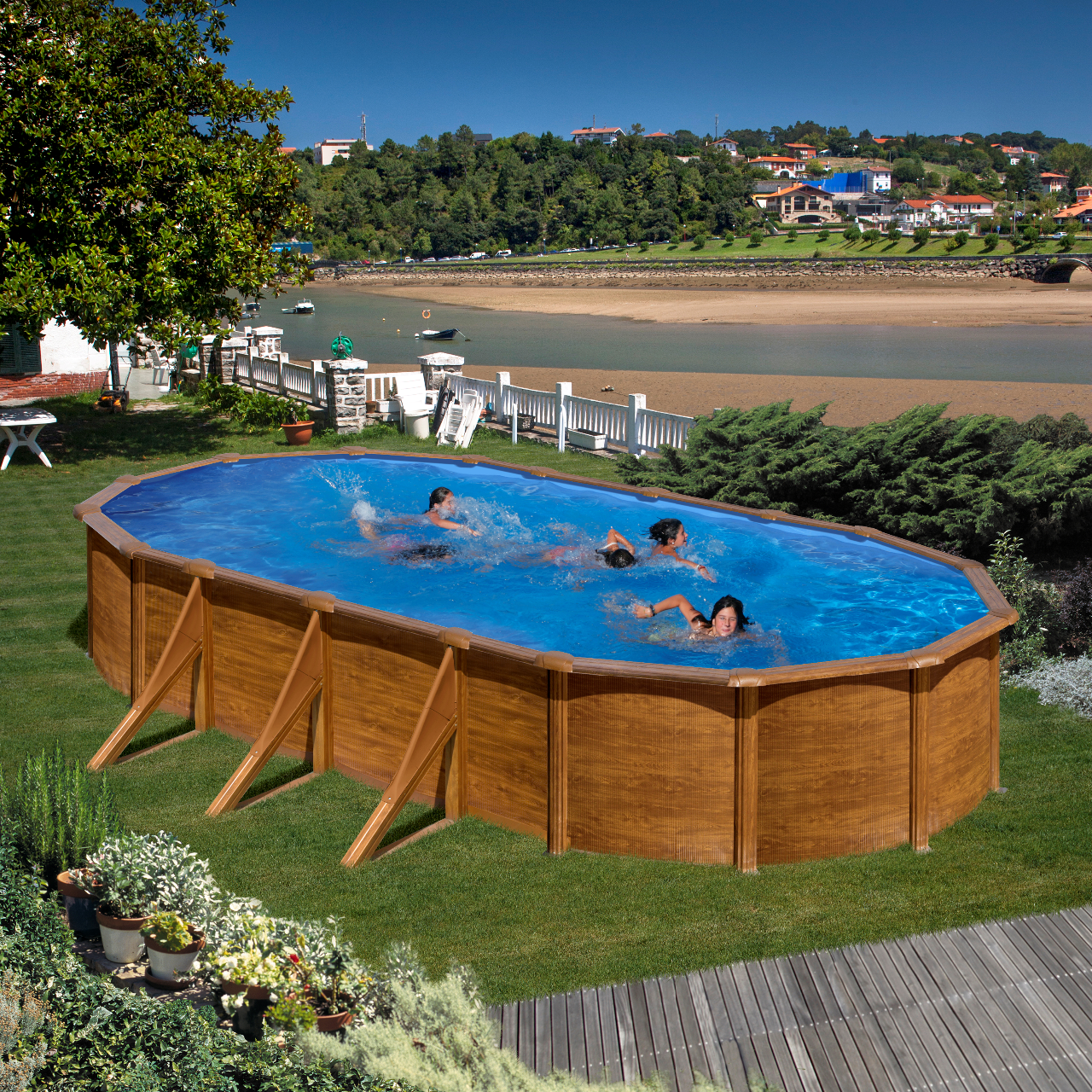 Piscina Oval Gre em Aço 730  x 375 x 120 Imitação de Madeira + Escada + Filtro Areia