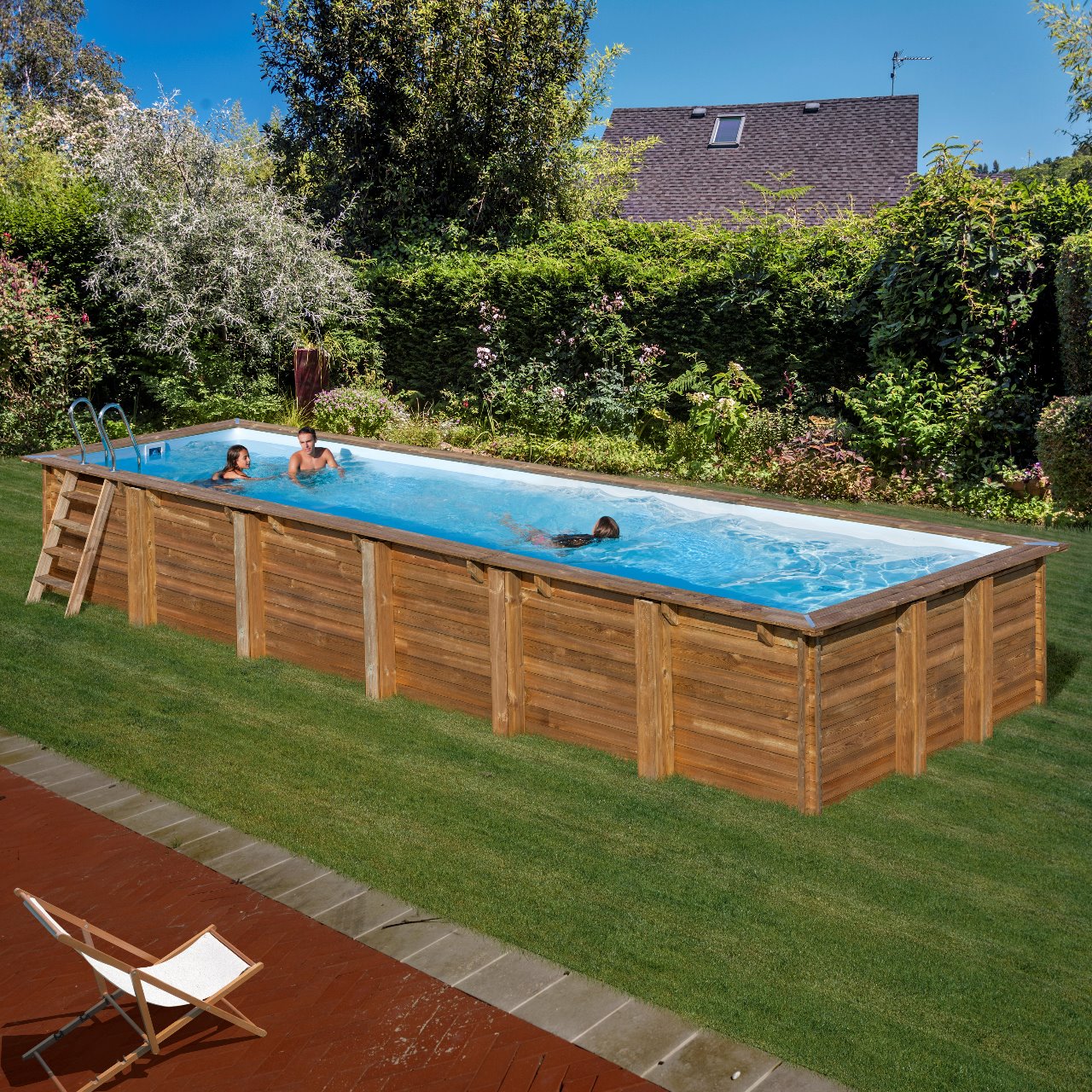 Piscina Gre Retangular em MADEIRA - 8.15 x 4.20 x 1.46 + Escada INOX + Filtro Areia + Tapete
