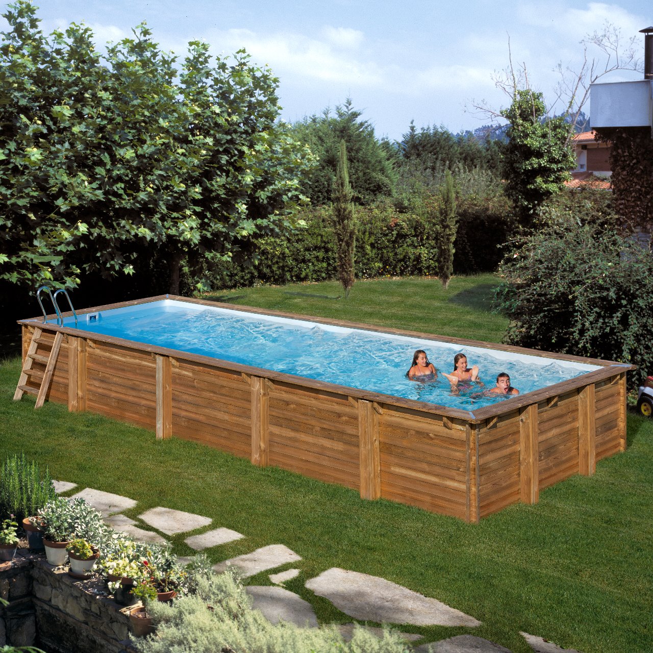 Piscina Gre Retangular em MADEIRA - 10.10 x 4.18 x 1.46 + Escada INOX + Filtro Areia + Tapete