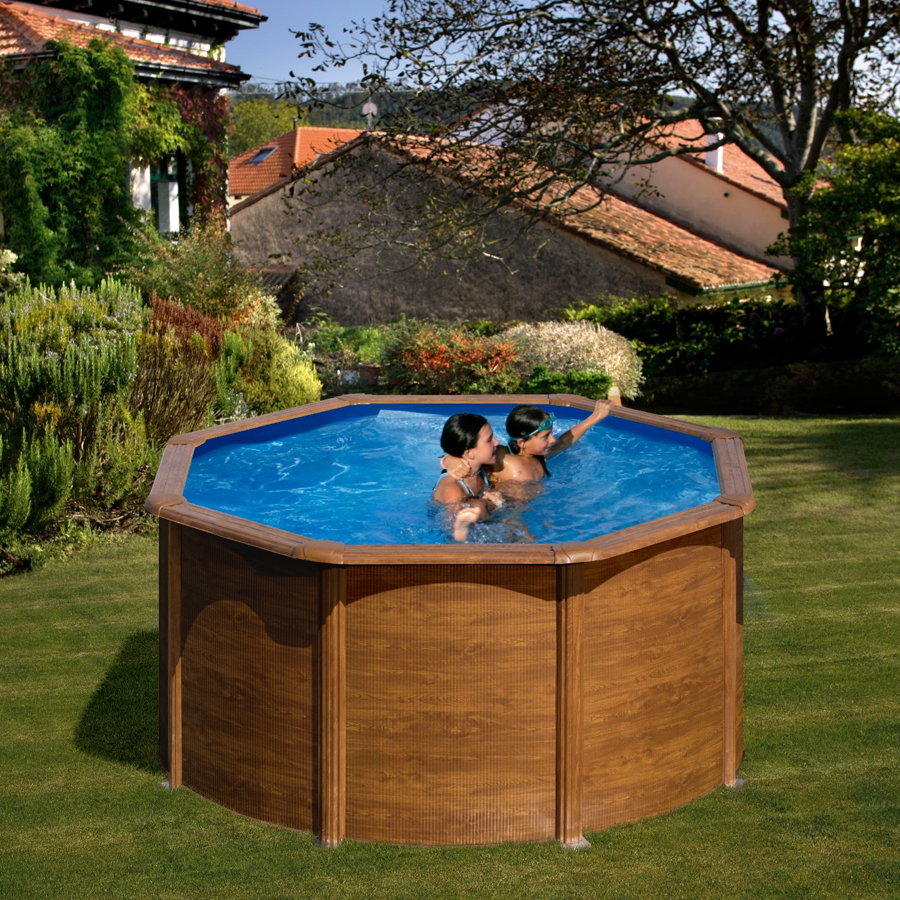 Piscina Redonda Gre em Aço 240 x 120 Imitação de Madeira + Escada + Filtro de Areia