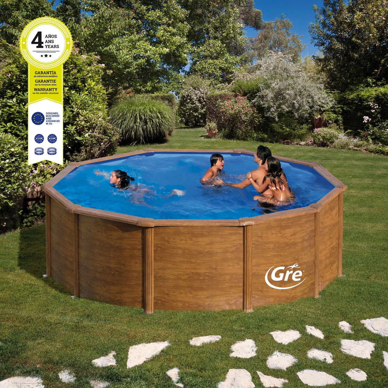 Piscina Redonda Gre em Aço 460 x 120 Imitação de Madeira + Escada + Filtro de Areia