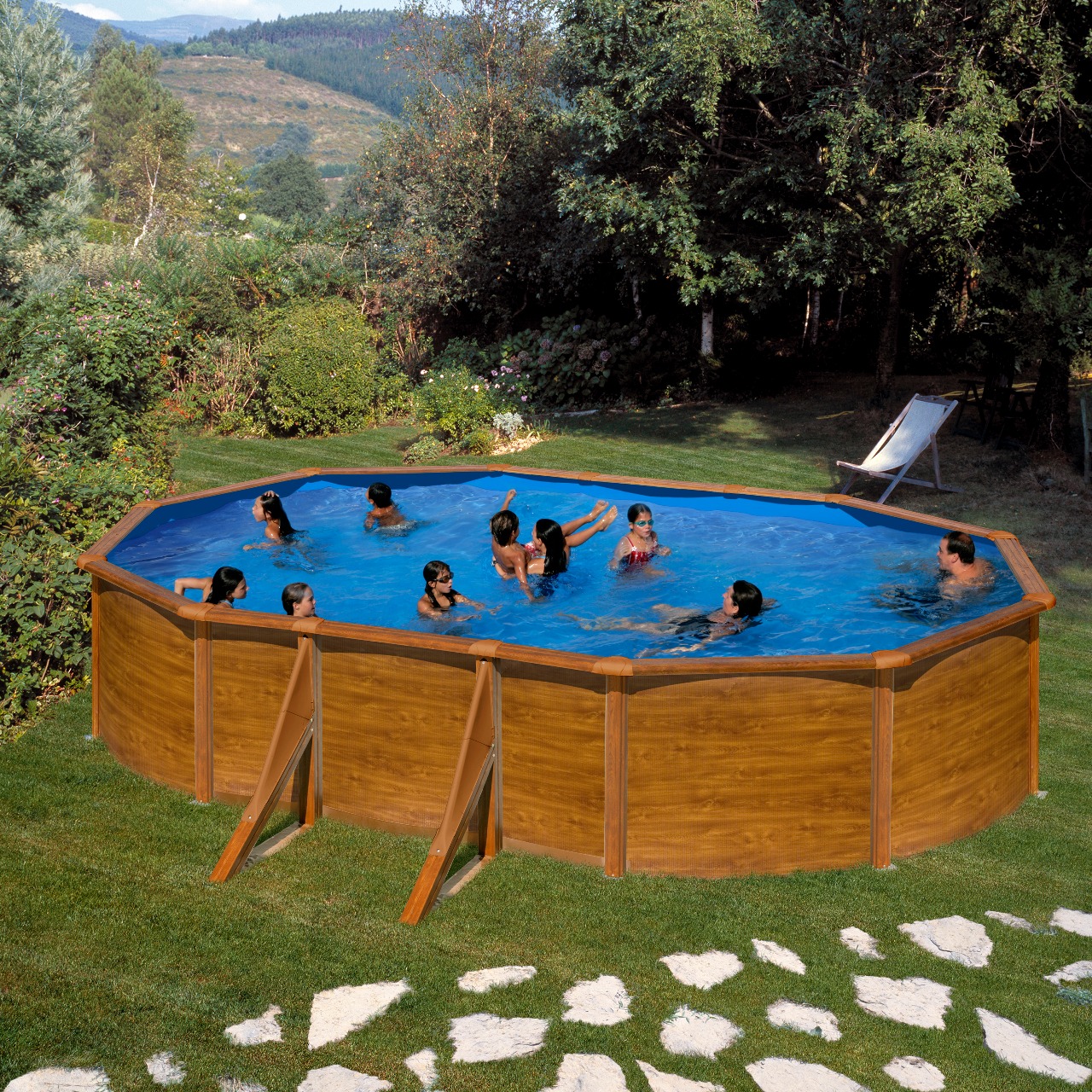 Piscina Oval Gre em Aço 610 x 375 x 120 Imitação de Madeira + Escada + Filtro de Areia