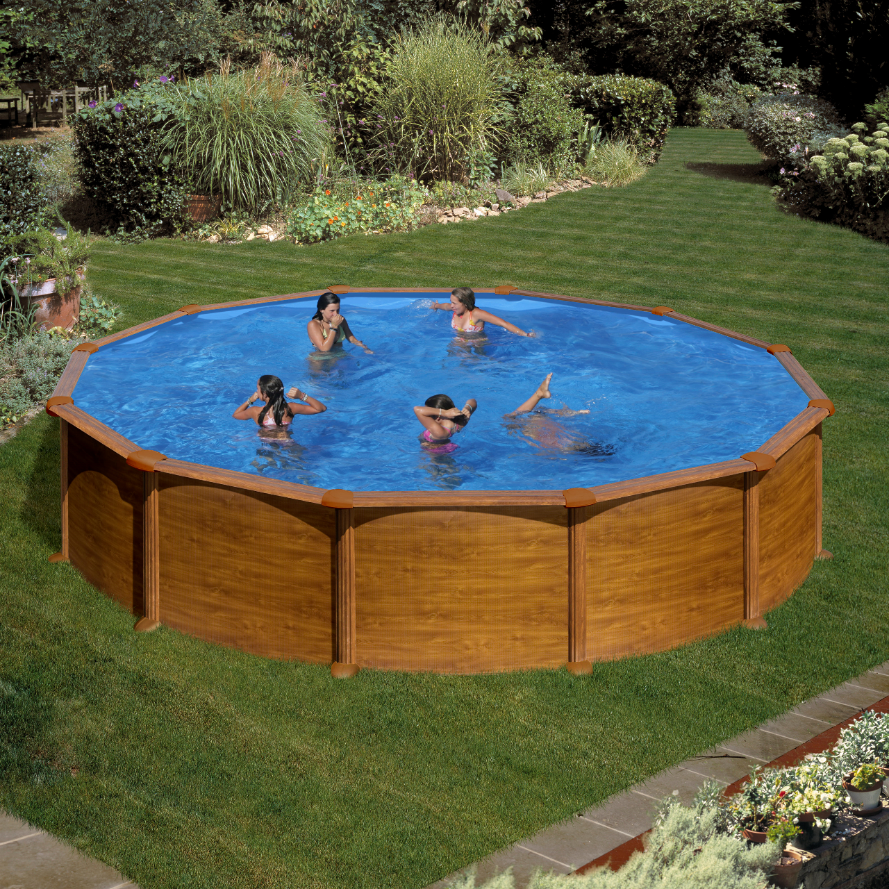 Piscina Gre Redonda Imitação de Madeira 550 x 132 + Escada + Filtro De Areia + Tapete
