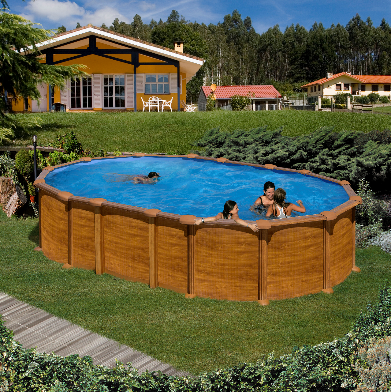 Piscina Gre Oval Imitação de Madeira 610 x 375 x 132 + Escada + Filtro De Areia + Tapete