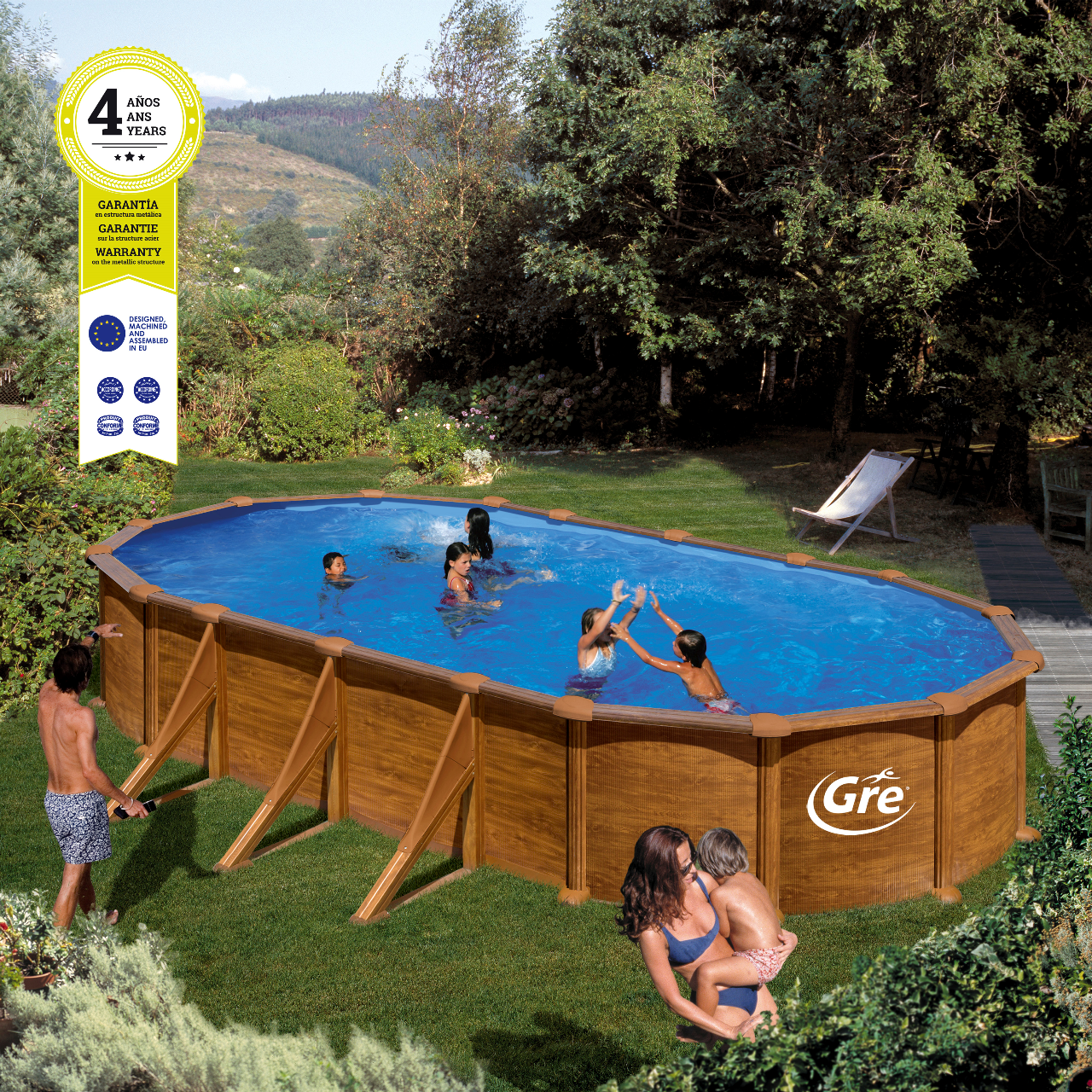 Piscina Gre Oval Imitação de Madeira 730 x 375 x 132 + Escada + Filtro De Areia + Tapete