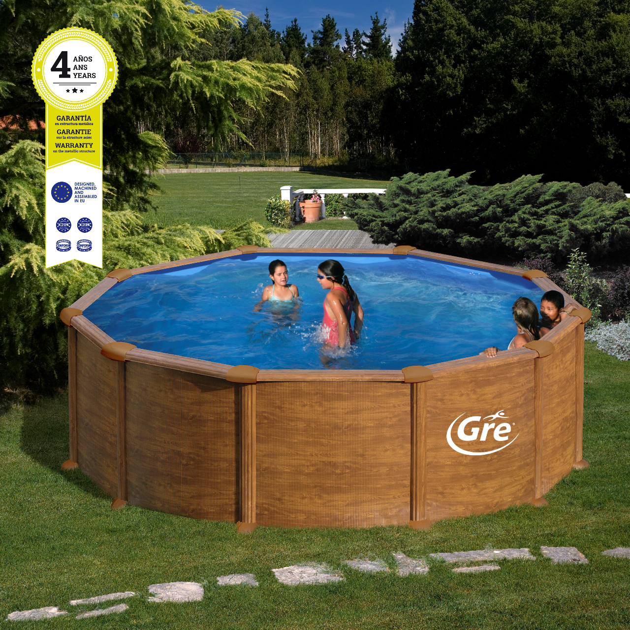 Piscina Redonda Gre em Aço 460 x 120 Imitação de Madeira + Escada + Filtro Cartucho
