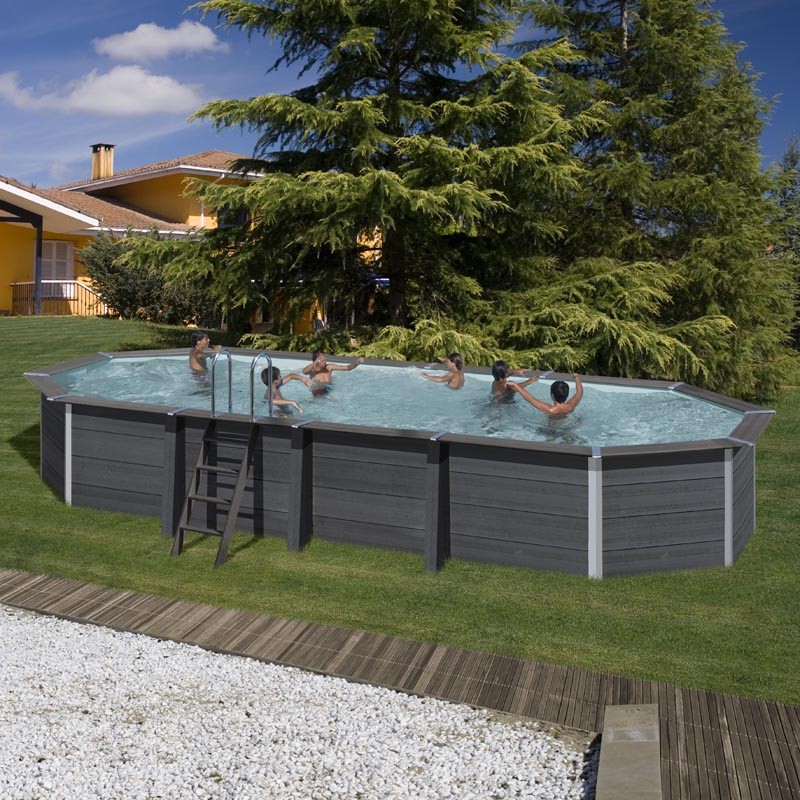 Piscina Gre Oval em Composite - 8.04 x 3.86 x 1.24 + Escada INOX + Filtro Areia + Tapete