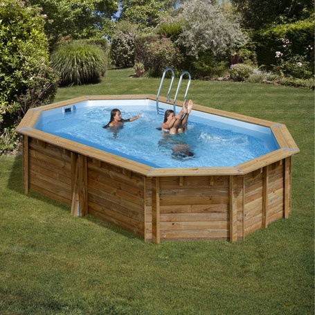 Piscina Gre Oval em MADEIRA - 5.51 x 3.51 x 1.19 + Escada INOX + Filtro Areia + Tapete