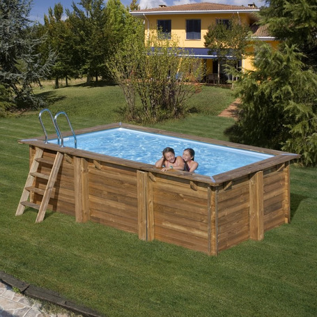 Piscina Gre Retangular em MADEIRA - 4.20 x 2.70 x 1.17 + Escada INOX + Filtro Areia + Tapete